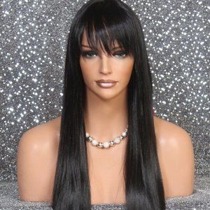 Human Hair Blend Long Jet Black Wig X-Long 40"